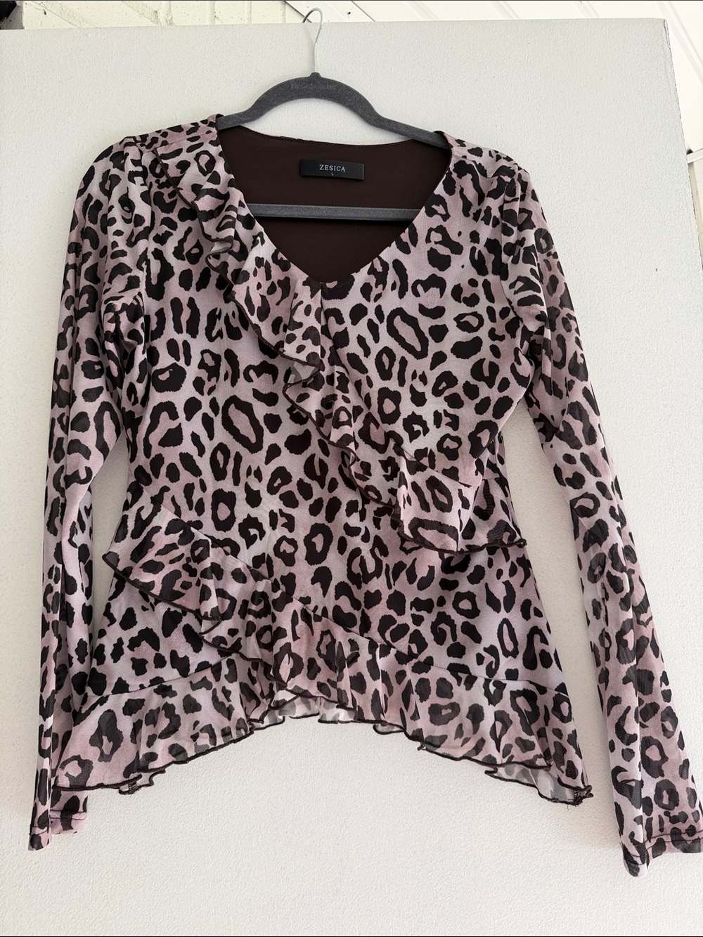 Zesica Pink Leopard Ruffle V-Neck Blouse